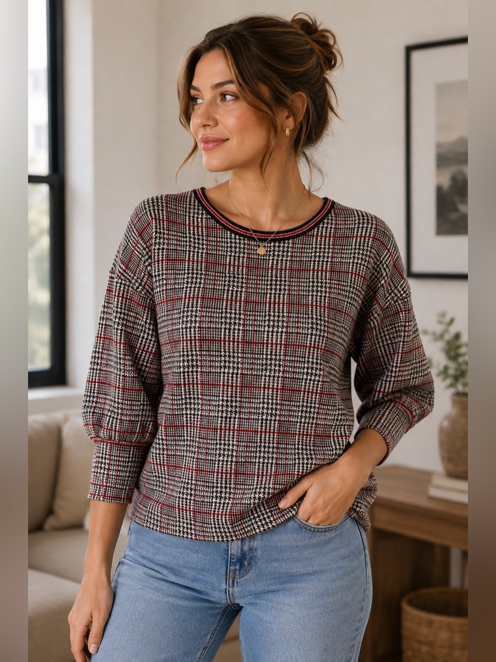 Koton Women's Plaid Crew Neck Sweater - Black, Red, and White 3/4 Sleeves Size S